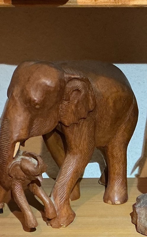 Hand-Carved Wooden Elephant Sculpture with Calf